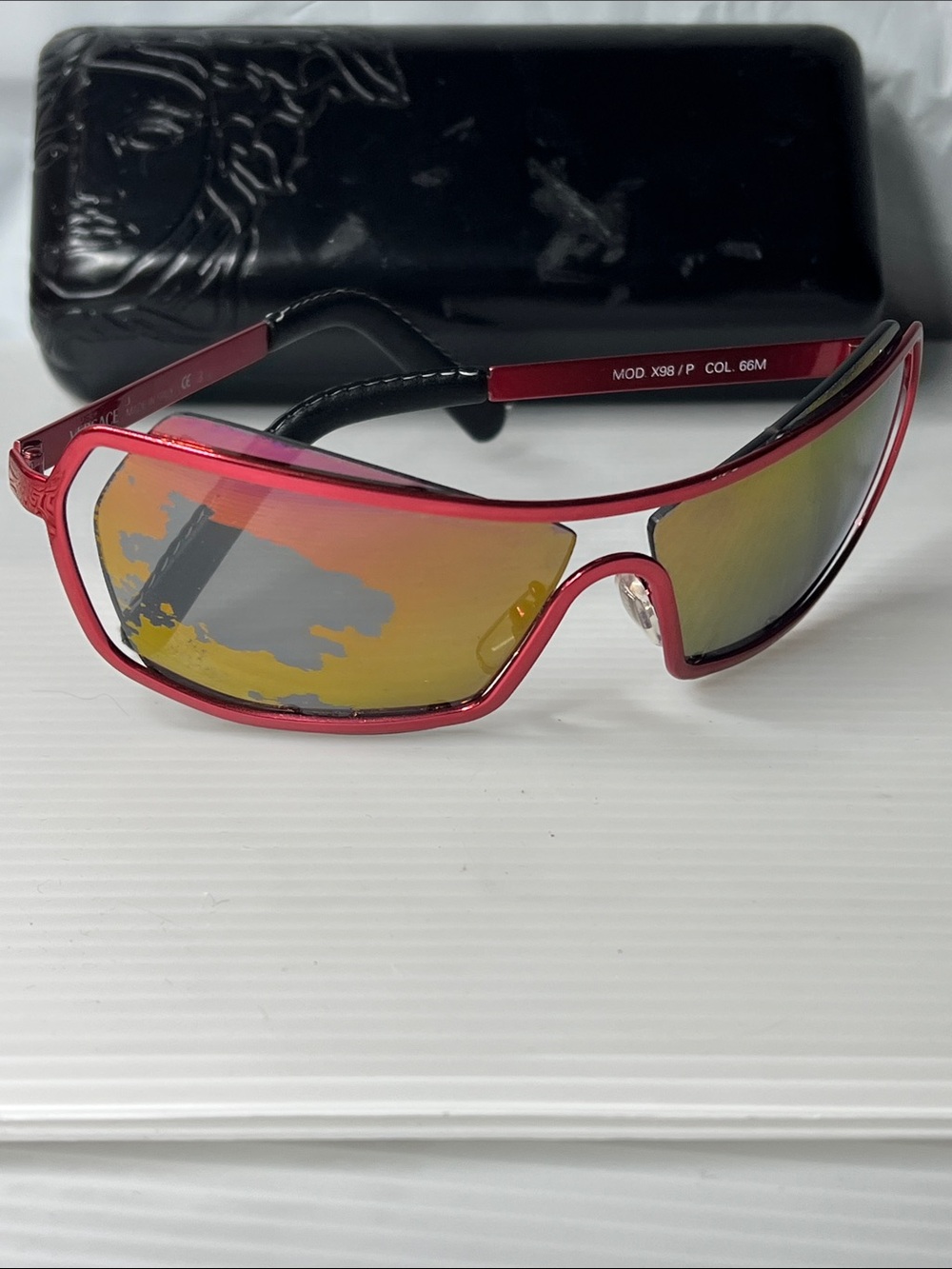 The Versace X98P 66M Red Metal and Leather Sunglasses with Case